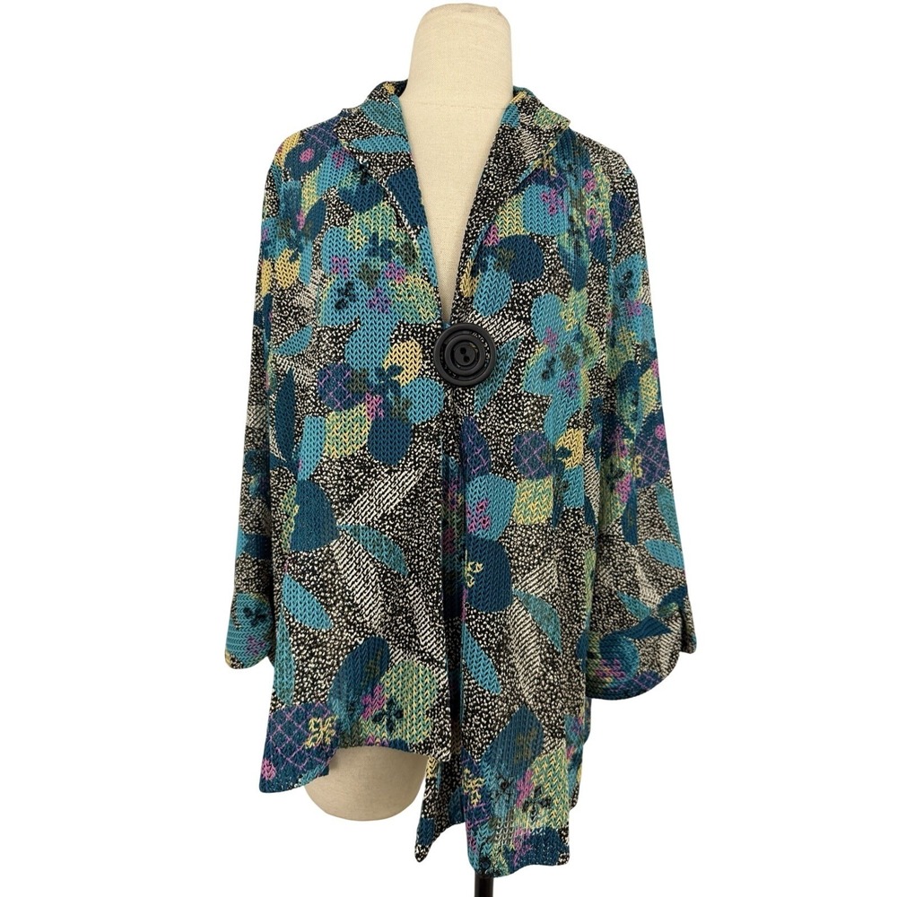 IC by Connie K Teal Floral One-Button Light Jacket Sz XL See Through Mesh Artsy